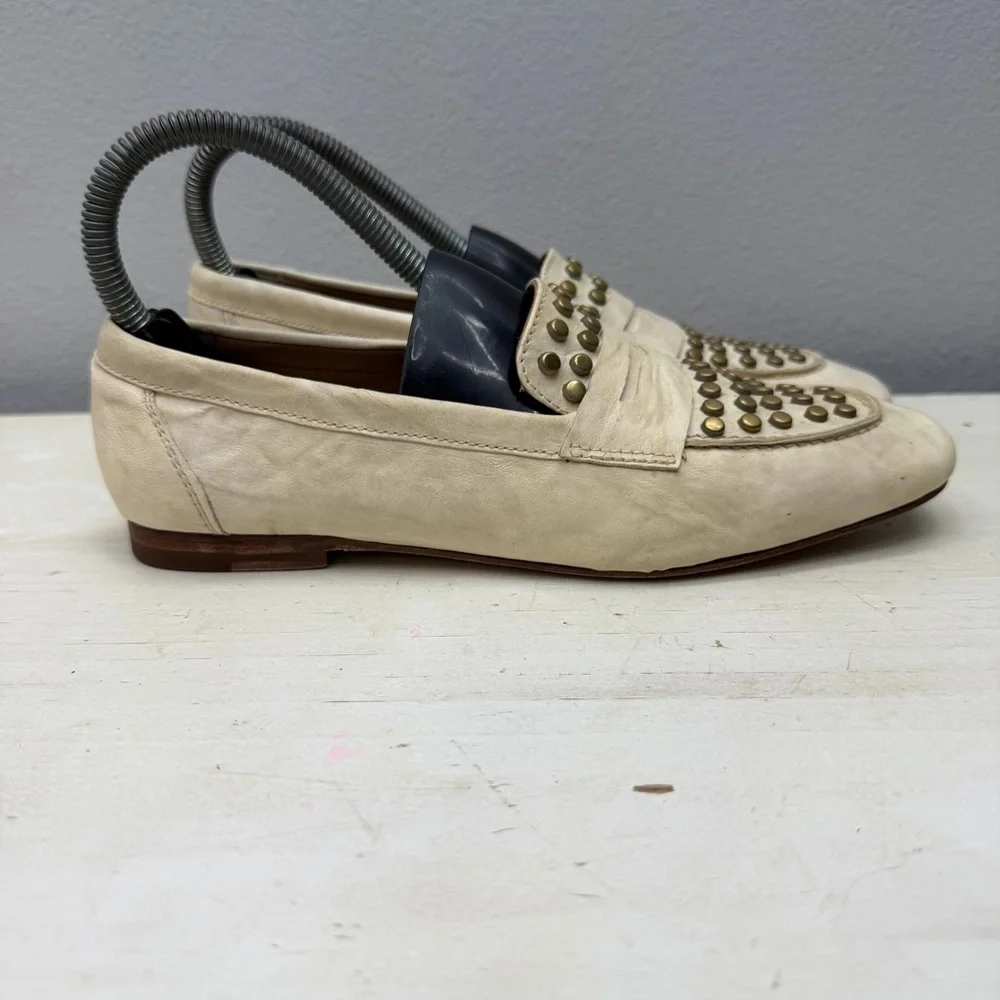 Calleen Cordero White Leather Gold Studded Penny Loafers Size 6